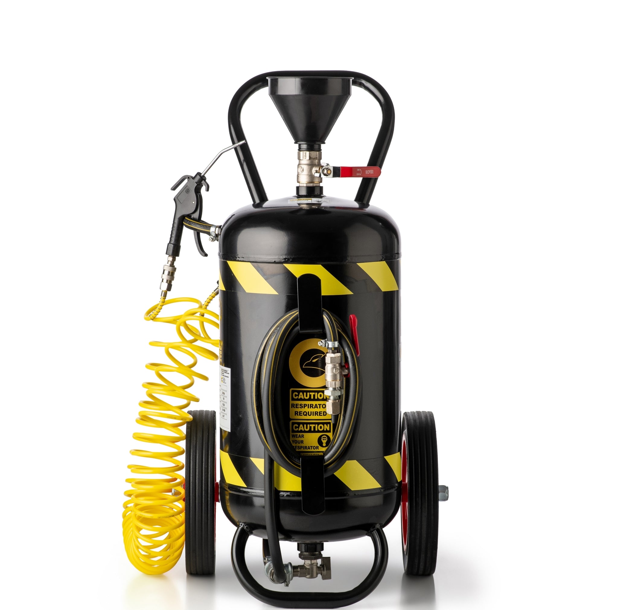 Coanda Sandblaster 35 Lt Pro. A black portable sandblaster with yellow caution stripes, featuring wheels, and a hose made for sandblasting wood, metal, rust etc.