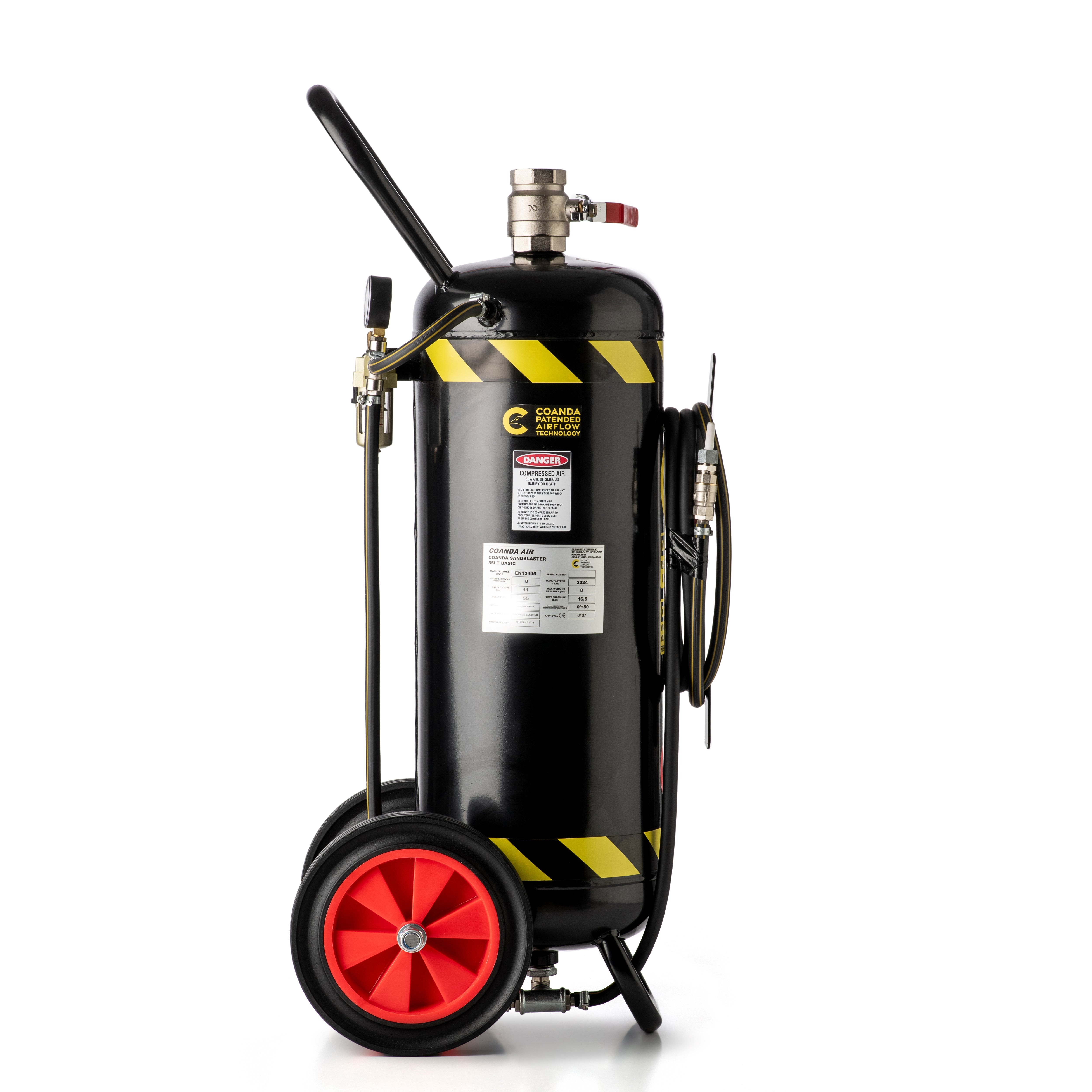 A portable Coanda Sandblaster 55 Lt Basic photographed from the side with a black tank, mounted on wheels, with yellow hoses and red safety labels. This Coanda Sandblaster is made to sandblast wood, rust, metals etc professionally.