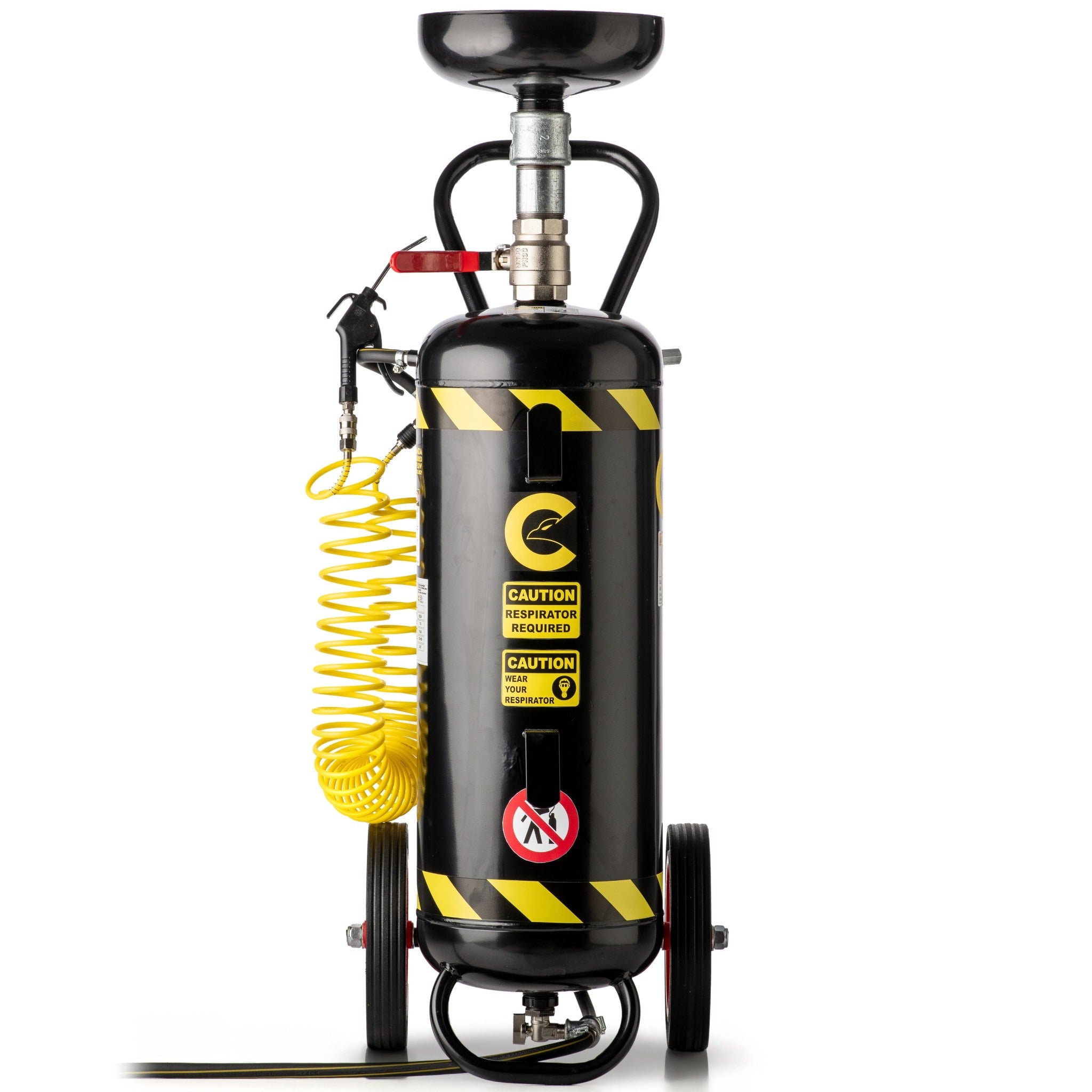 A portable sandblasting machine named Coanda Sandblaster 55 Lt Pro photographed from the front with the sandblasting hose down with a black tank, mounted on wheels, with yellow hoses and red safety labels. This Coanda Sandblaster is made to sandblast wood, rust, metals etc.