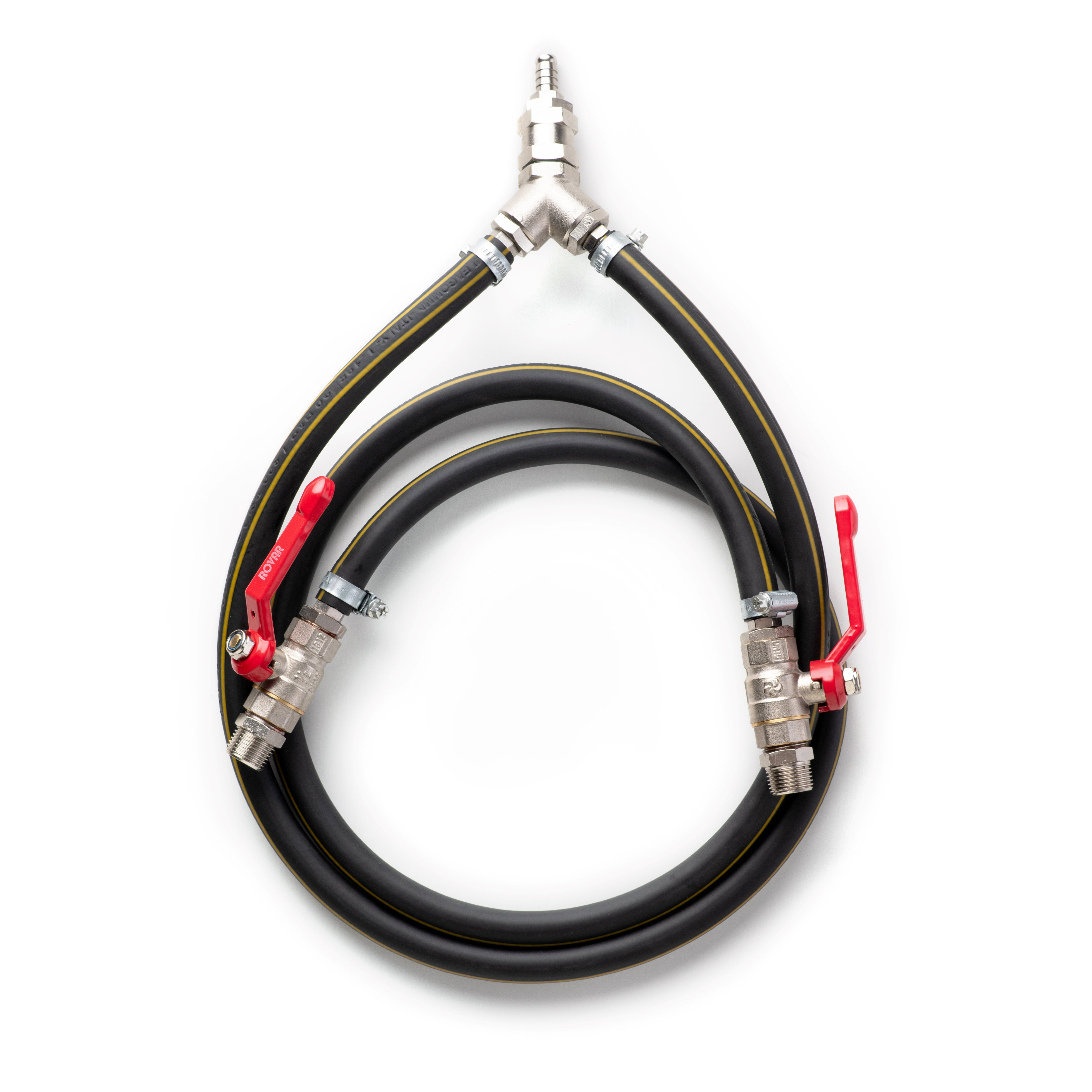 A black high-velocity Y air hose with red connectors on both ends, designed for parallel connection of two air compressors.