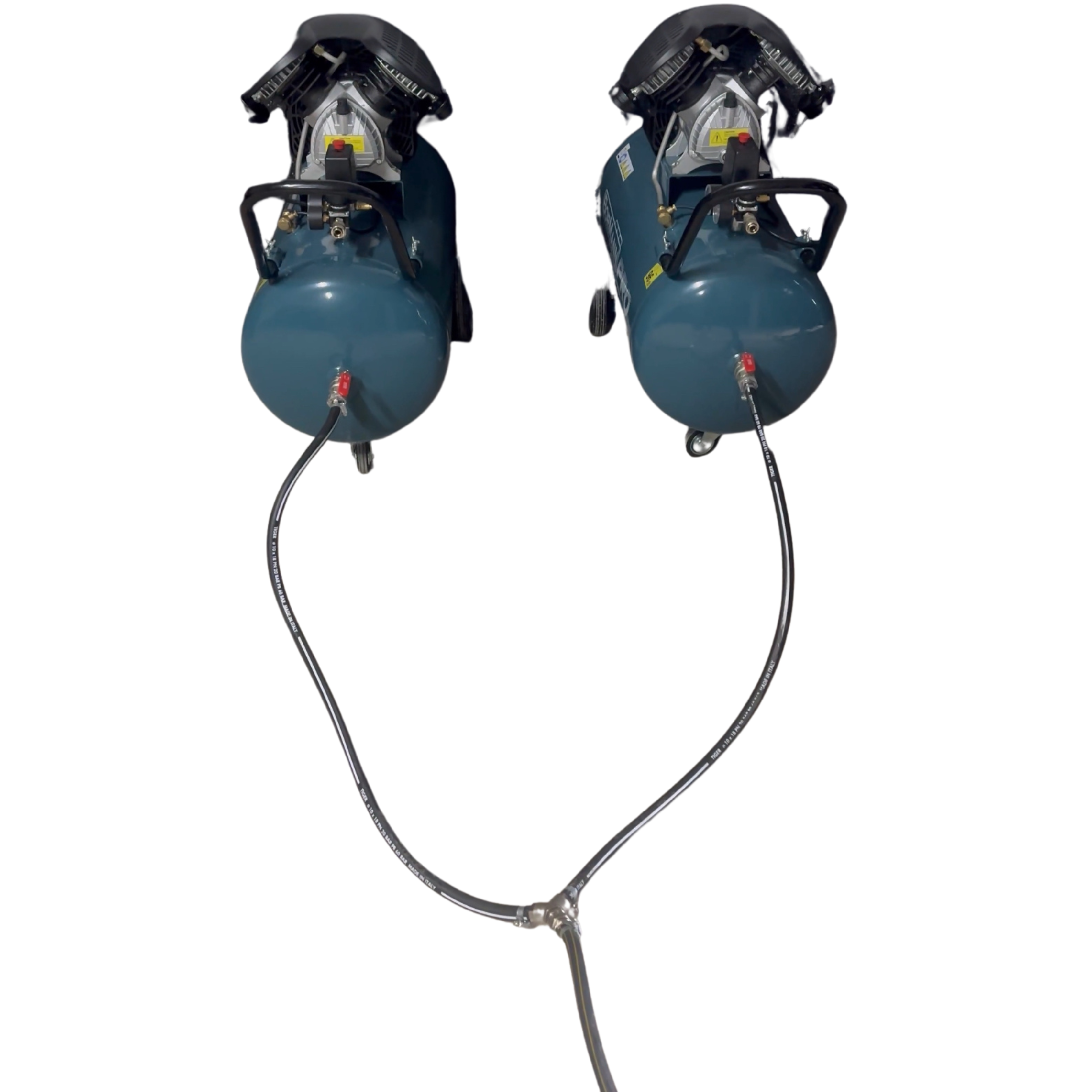 A black high-velocity Y air hose with red connectors on both ends, designed for parallel connection of two air compressors.