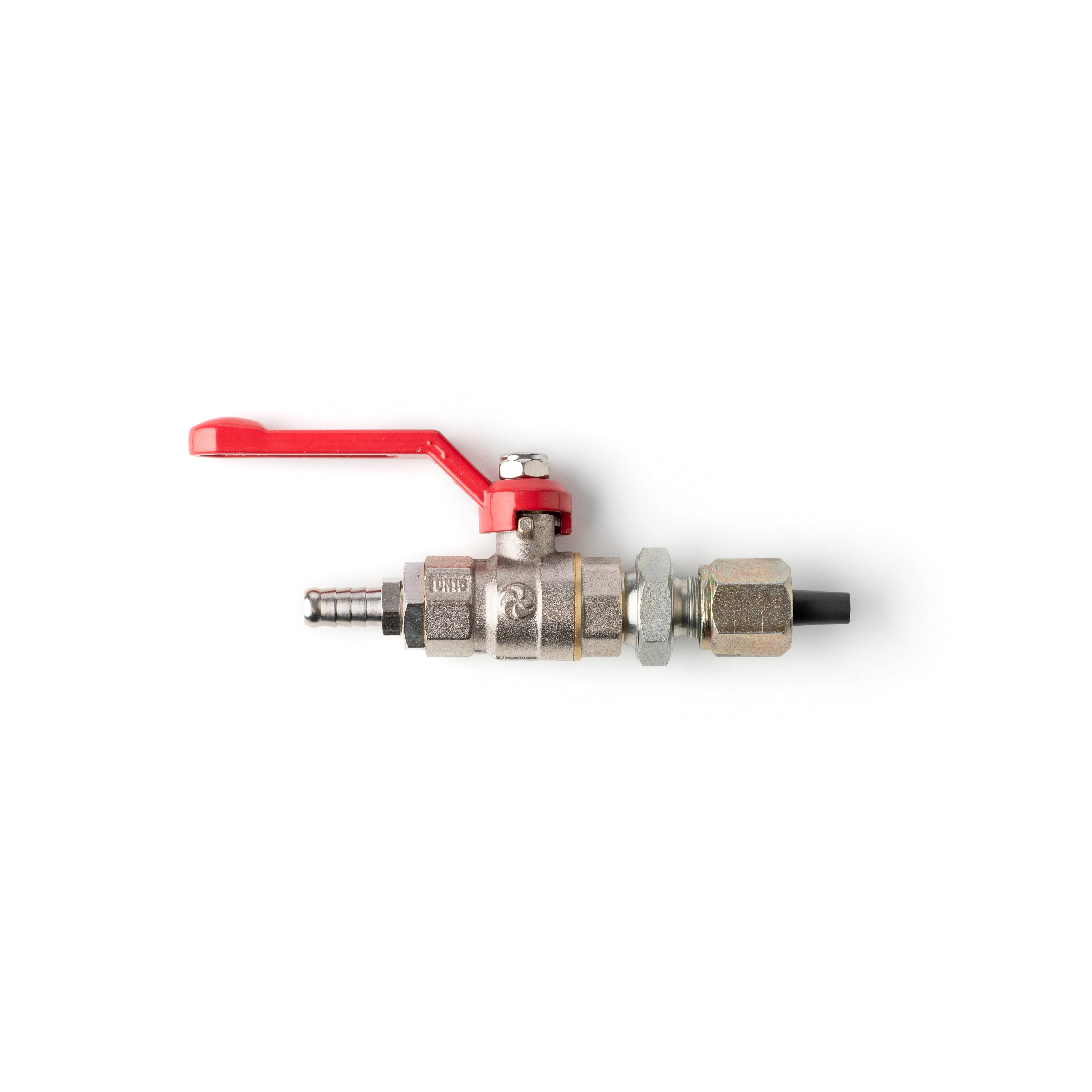 A blasting valve with a red lever and a silver-colored body, featuring a boron carbide nozzle.