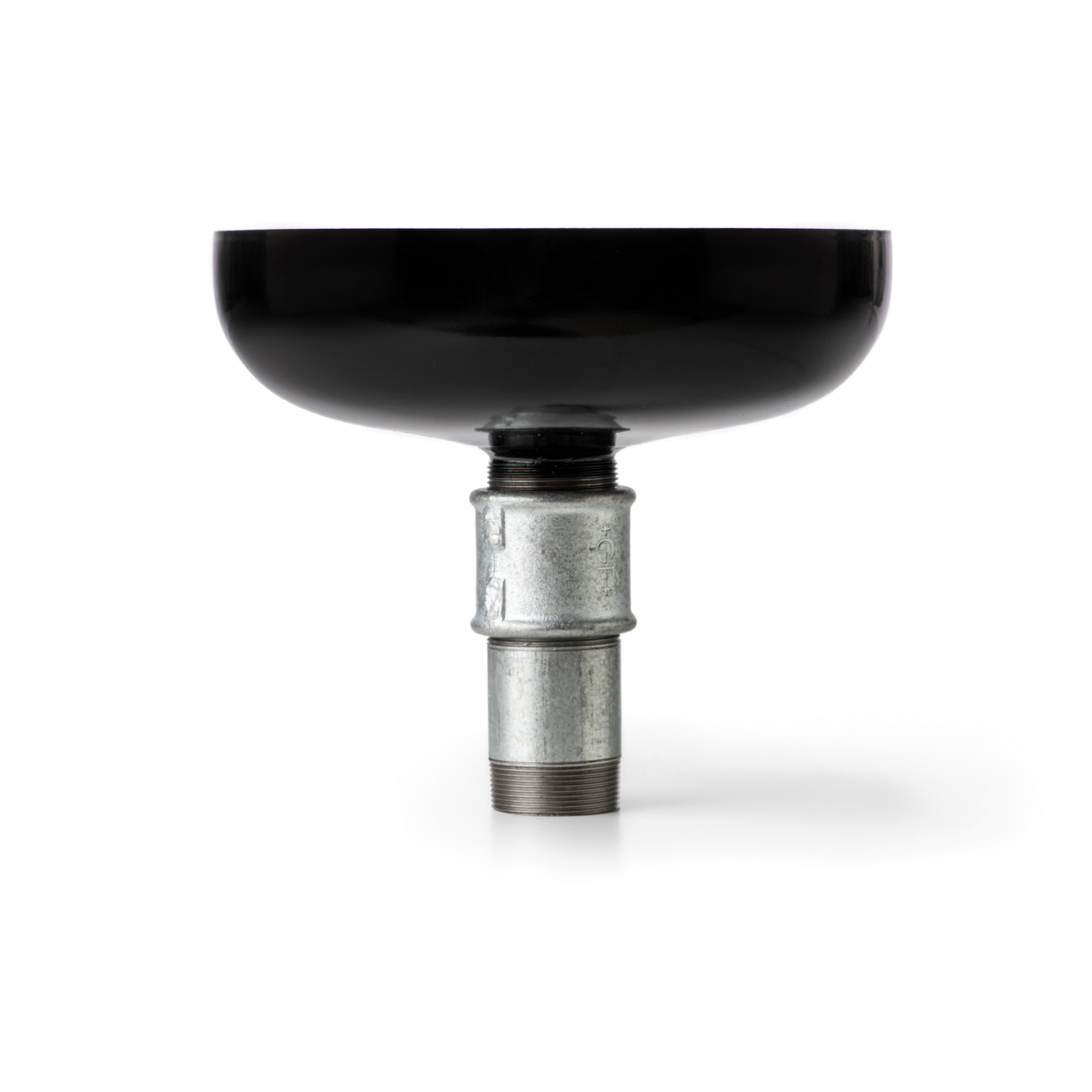 A top-down view of a black metal sand filling funnel from Coanda Air for sandblasters with a visible securing mechanism.