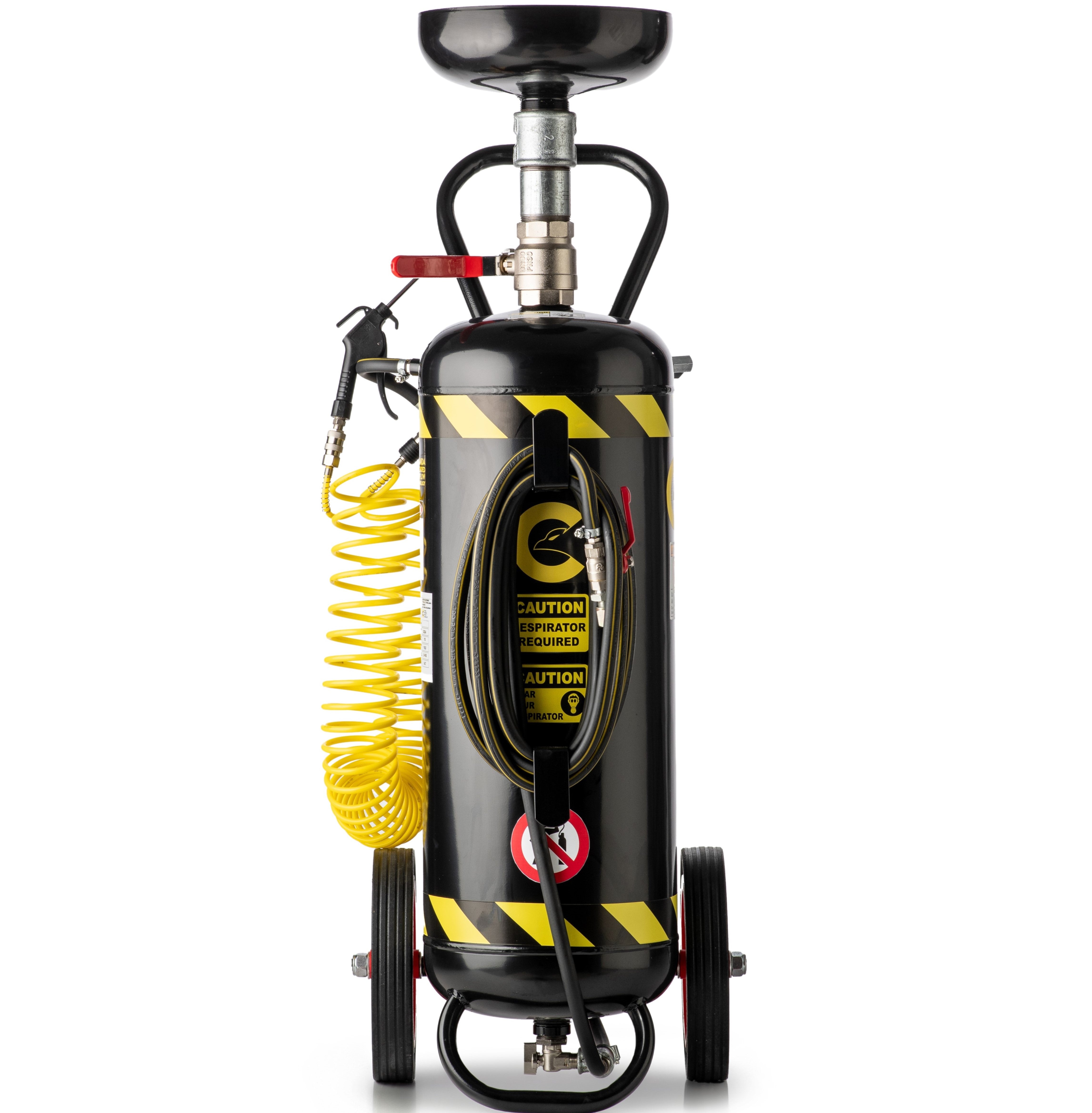 A portable Coanda Sandblaster 55 Lt Pro with a black tank, mounted on wheels, with yellow hoses and red safety labels. This Coanda Sandblaster is made to sandblast wood, rust, metals etc.