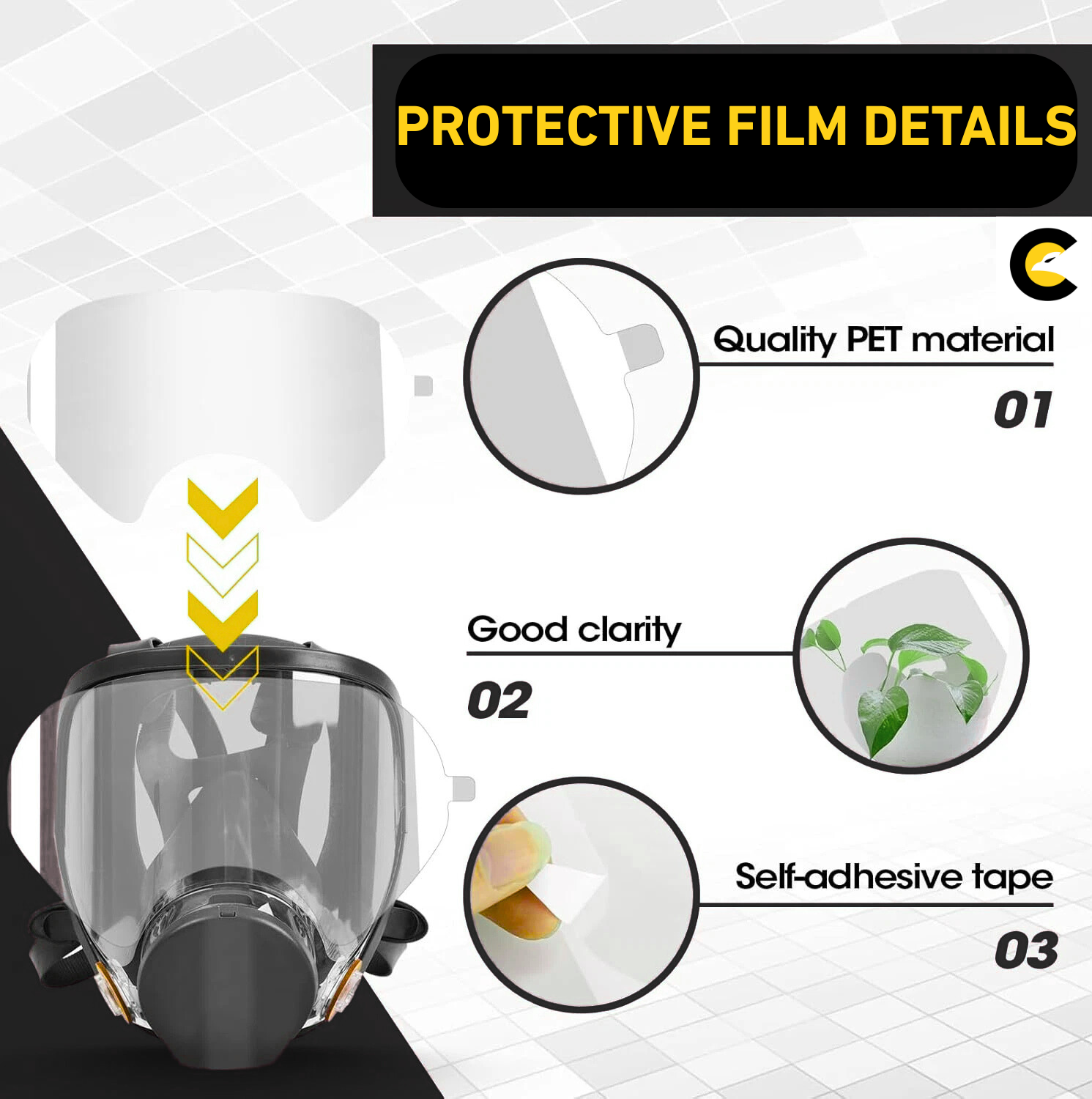 Protective film details for full face dust mask – quality PET material, good clarity, and self-adhesive tape