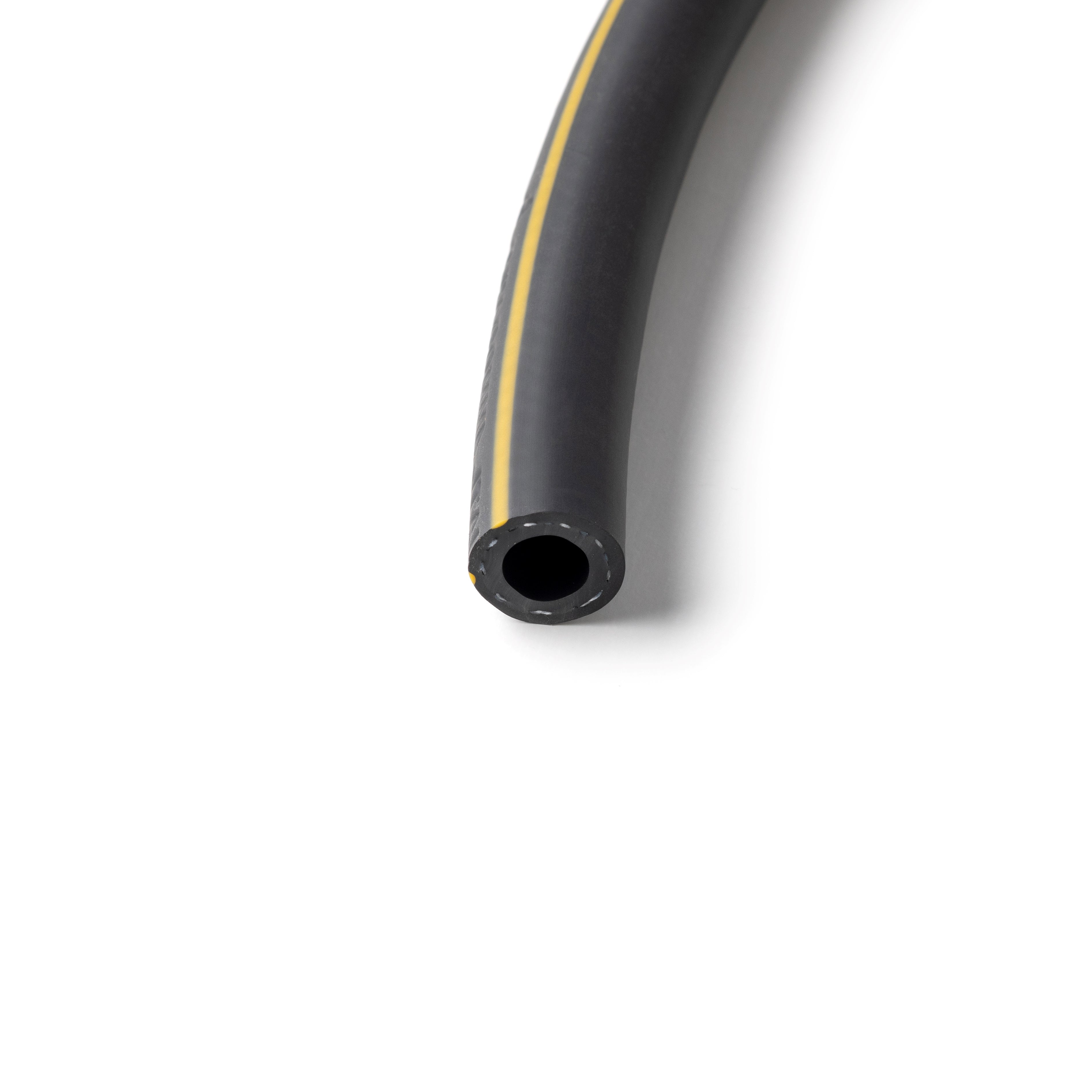 A black Coanda air/blasitng hose with a yellow stripe on it, curved on a plain background.